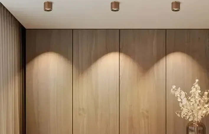 fornirowana ściana - oświetlenie punktowe reflektory