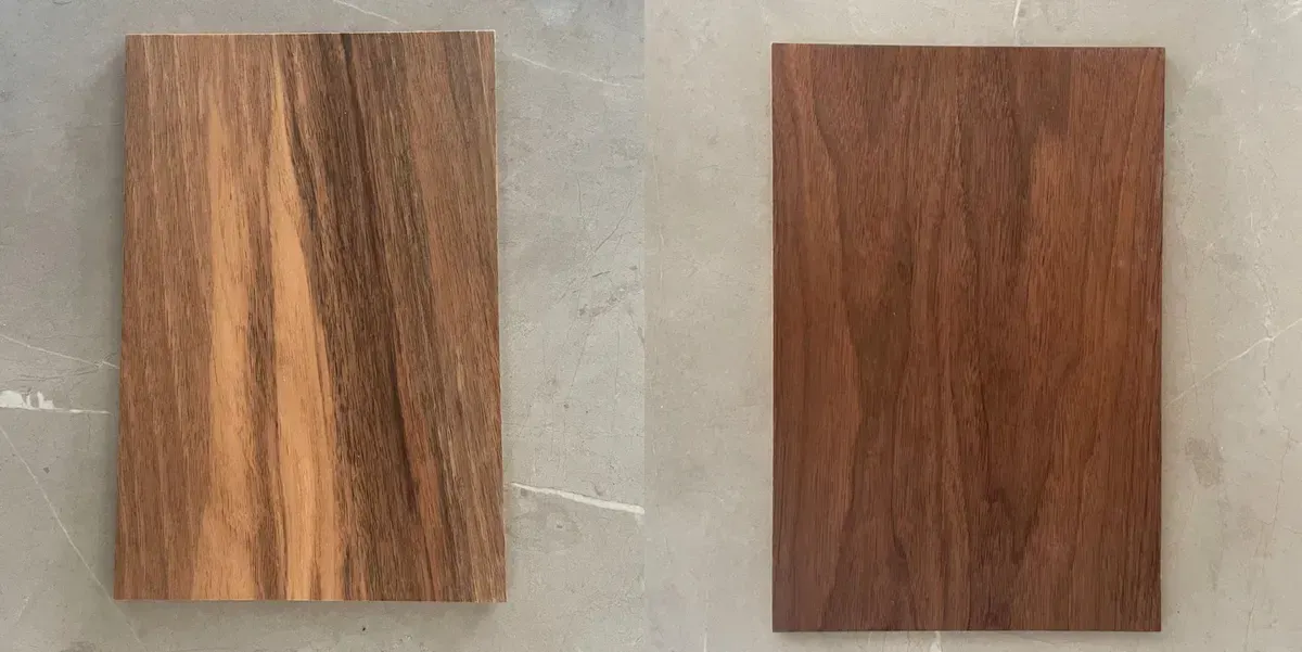 Zdjecie przedstawia próbki dla forniru naturalnego - orzech włoski vs orzech amerykanski